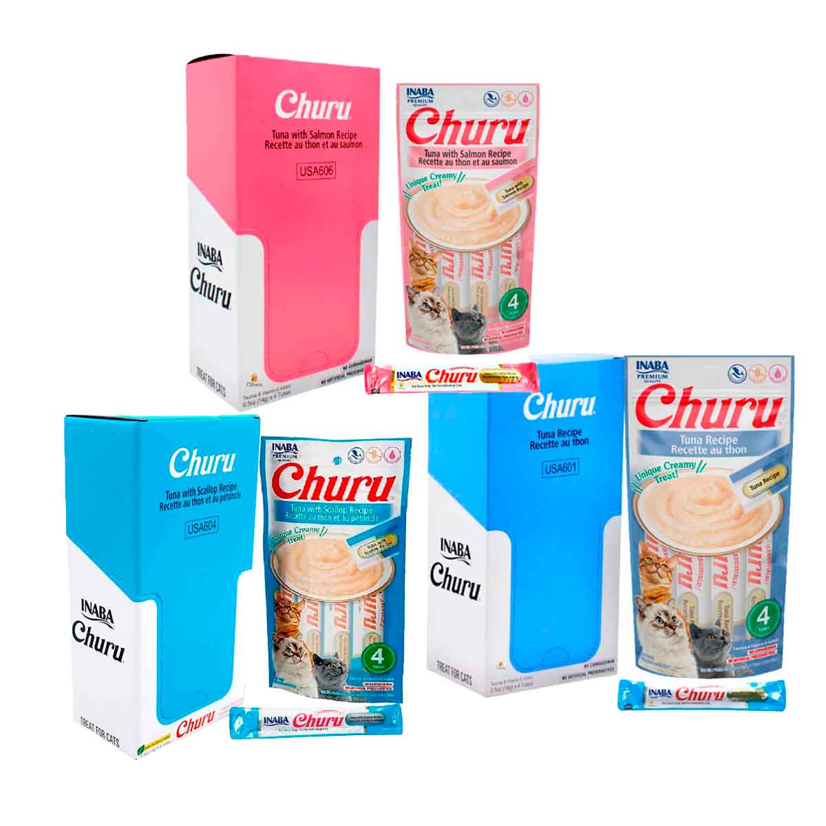 PAQUETE 24 PZ DE PREMIOS CHURUS PARA GATO ATÚN, SALMON Y VIEIRAS + REGALO - FridaPets - Gato - Alimento - Húmedo - INABA