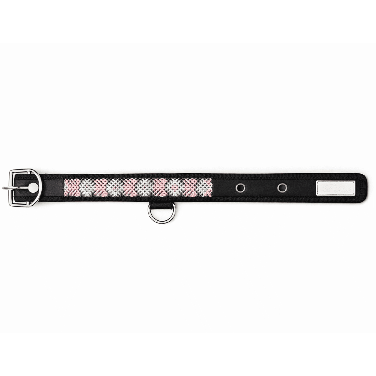 Collar Wixari Flor de Hikuri rosa negro con motivos geométricos rosas y blancos y hebilla metálica