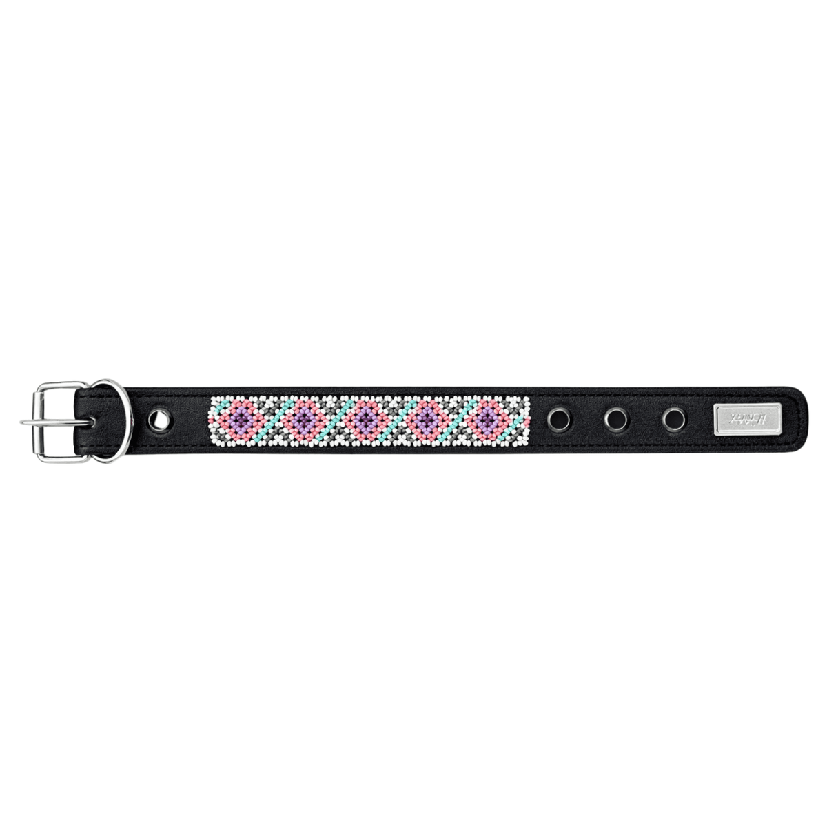 Collar Wixari Rombos Rosas negro con rombos rosas y morados con detalles blancos y turquesa y hebilla metálica
