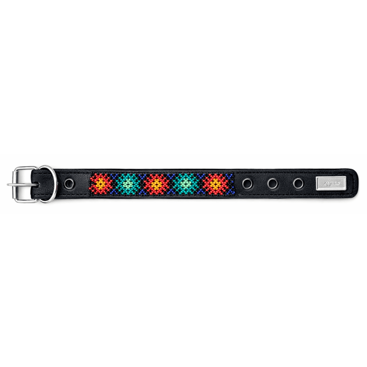 Collar Wixari Flor de Hikuri multicolor negro con flores rojas y verdes con detalles azules y hebilla metálica
