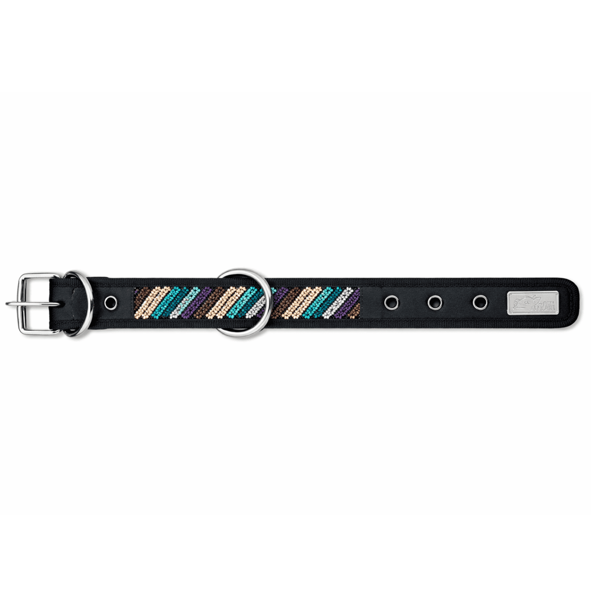Collar Wixari Arcoíris negro con franjas diagonales multicolores y hebilla metálica