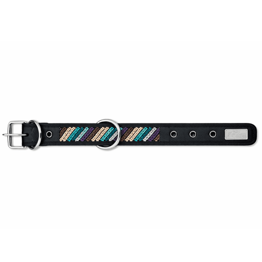 Collar Wixari Arcoíris negro con franjas diagonales multicolores y hebilla metálica