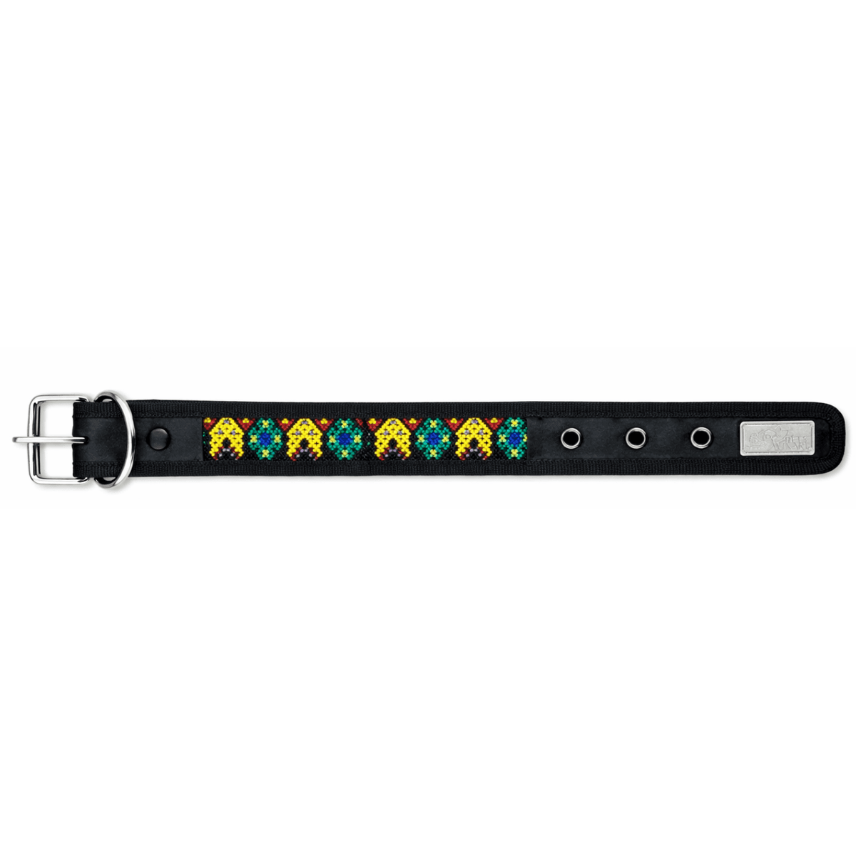 Collar Wixari Venado Amarillo negro con venados amarillos y figuras verdes y hebilla metálica