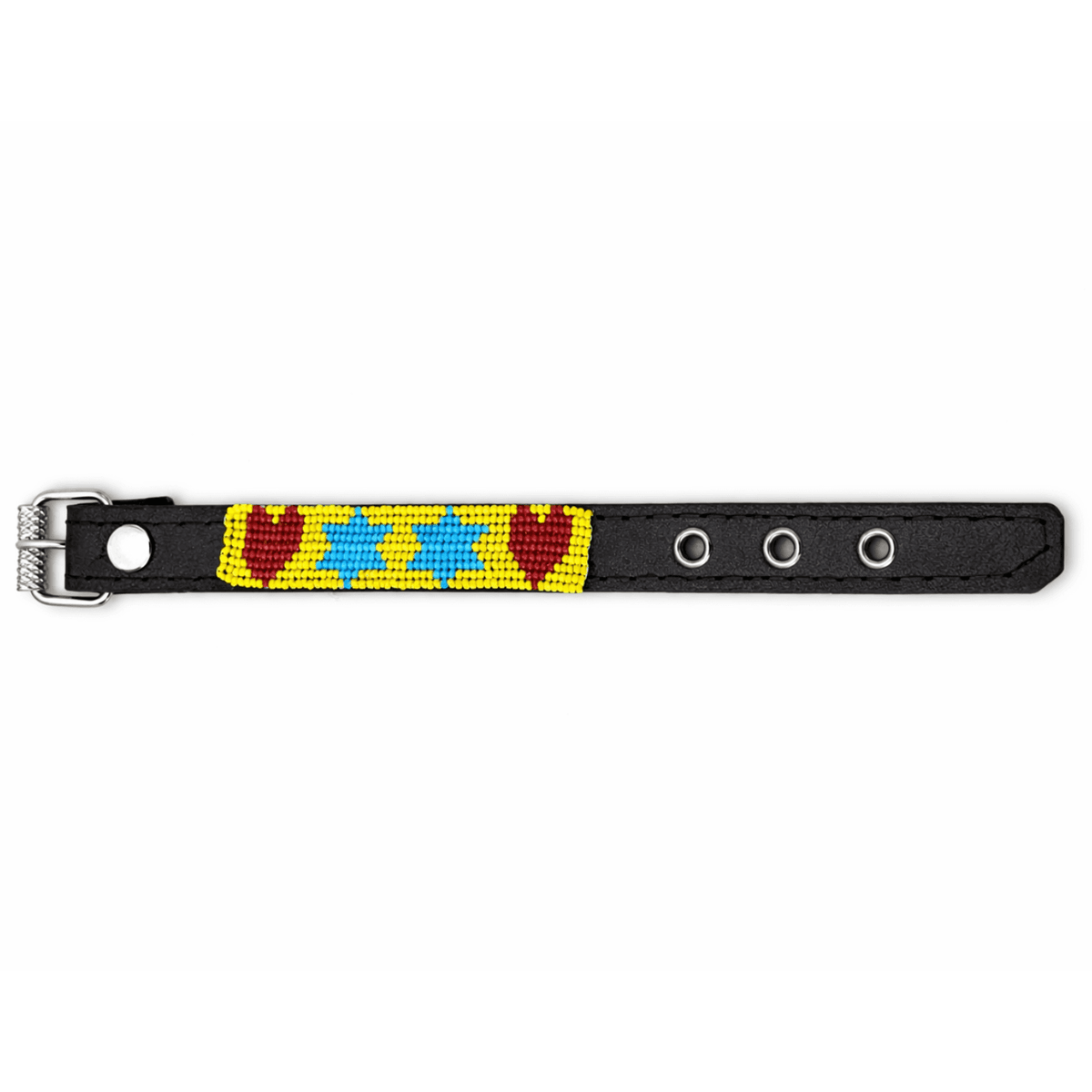 Collar Wixari Estrellas y Corazones negro con estrellas azules y corazones rojos con fondo amarillo y hebilla metálica