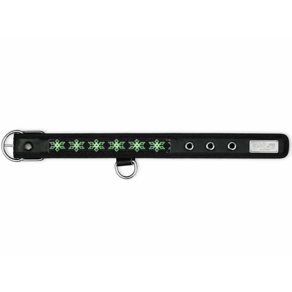 Collar Wixari Peyote negro con motivos verdes repetidos sobre negro y hebilla metálica
