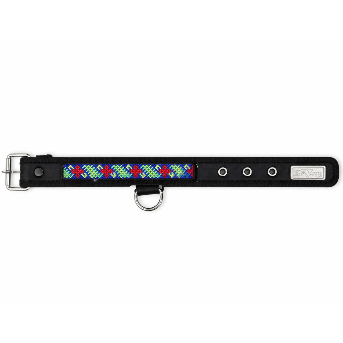 Collar Wixari Flor de Hikury Roja negro con flores rojas y verdes con fondo azul y hebilla metálica