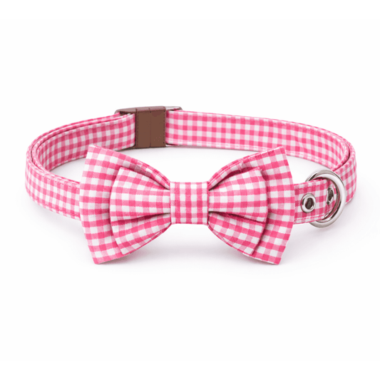 Collar Puppa rosa con moño de cuadros blancos