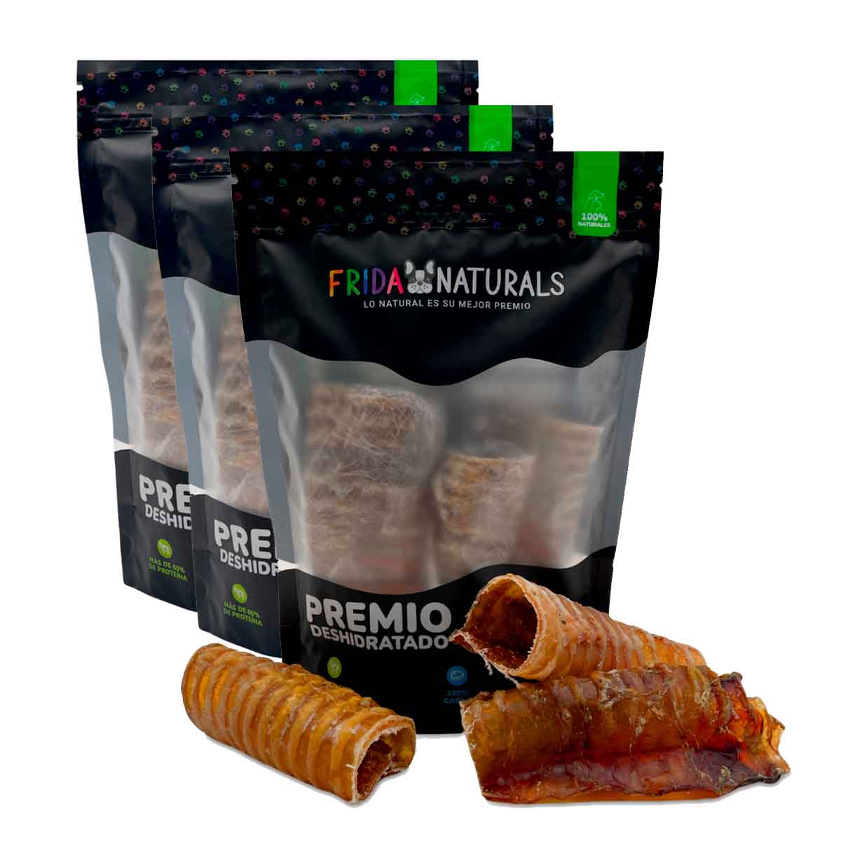 3 BOLSAS DE TRAQUEA DE RES DESHIDRATADA PREMIOS PARA PERROS Frida Naturals