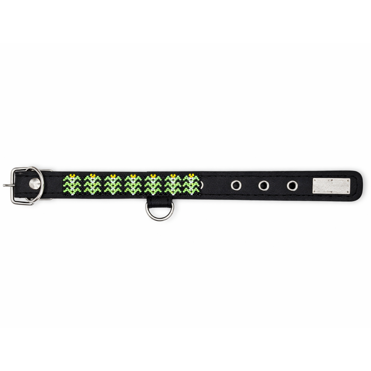 Collar Wixari Verde negro con motivos verdes, blancos y amarillos y hebilla metálica