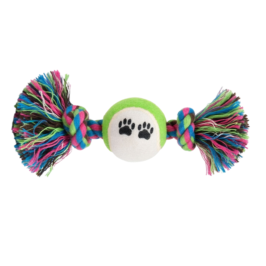 Mordedera con pelota verde y blanca y cuerda multicolor