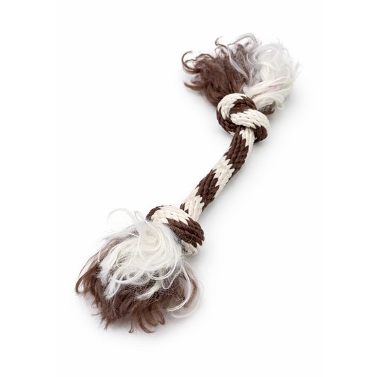 Juguete de cuerda trenzada marrón y blanca con dos nudos