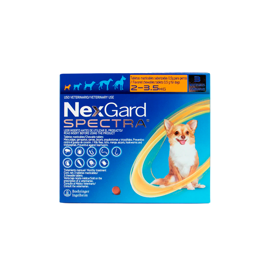 Caja de NexGard Spectra de tres tabletas, con franja naranja para perros de 2 a 3.5 kg.
