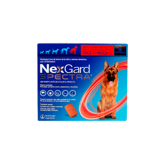 Caja de NexGard Spectra de tres tabletas, con franja roja para perros de 30.1 a 60 kg.