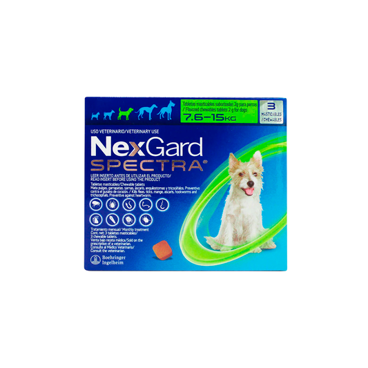 Caja de NexGard Spectra de tres tabletas, con franja verde para perros de 7.6 a 15 kg.
