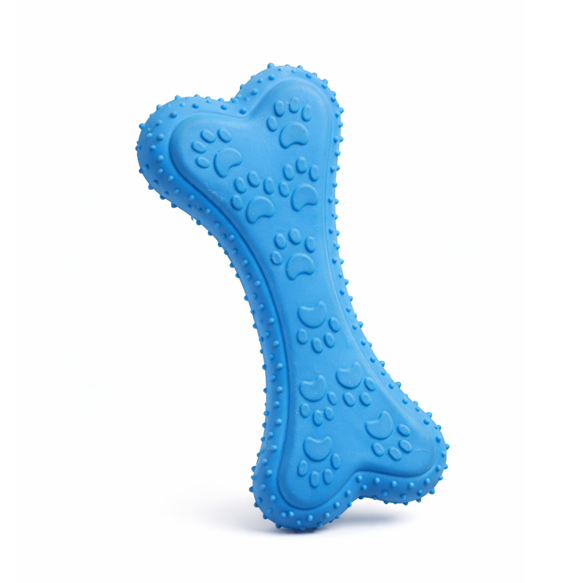 Juguete de hule azul con forma de hueso y relieves