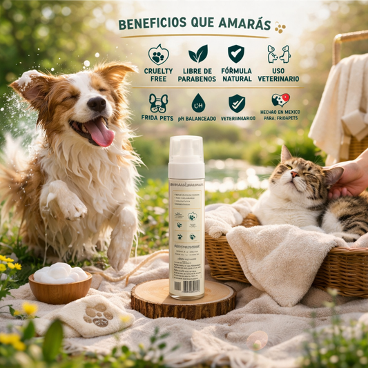 Presentación y modo de aplicación de la espuma en seco Frida Pets