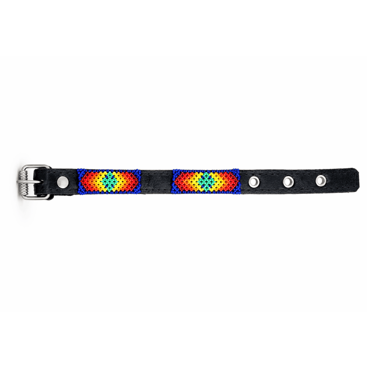 Collar Wixari multicolor negro con rombos en azul, rojo, amarillo y verde y hebilla metálica