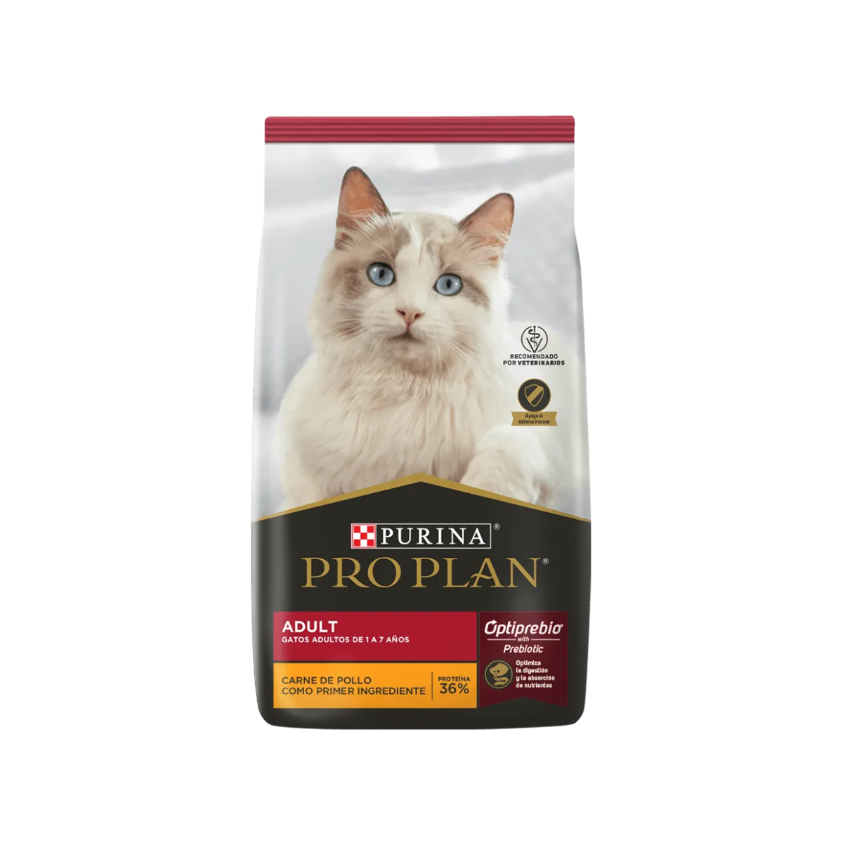 Bolsa de Purina Pro Plan Adult Optiprebio para gatos, con franja roja y un gato claro de pelo largo.