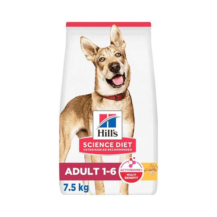 Bolsa de Hill's Science Diet Adult 1-6 para perros, con la indicación de 7.5 kg y un perro de collar rojo.
