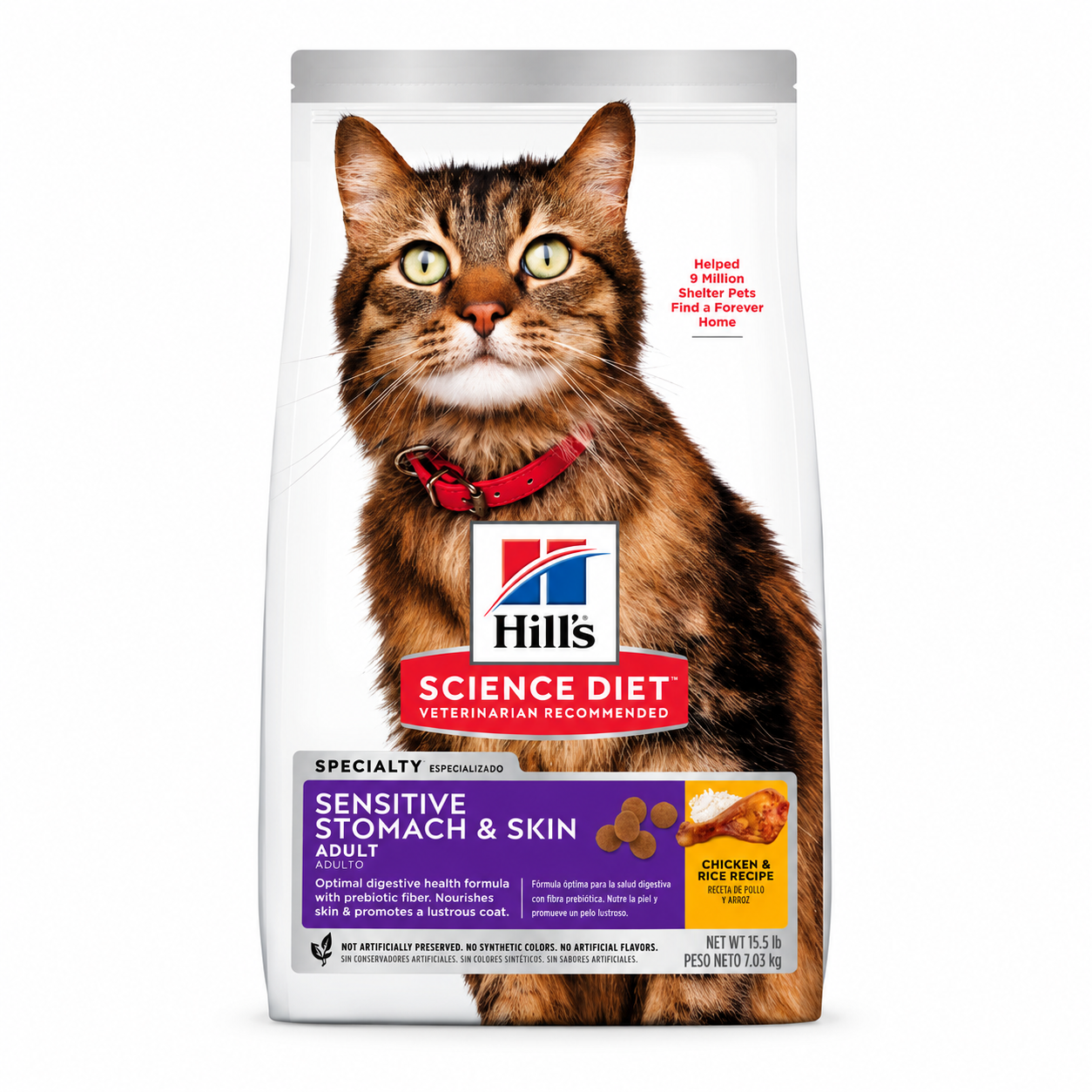 Bolsa de Hill's Science Diet Sensitive Stomach & Skin Adult para gatos, con etiqueta morada y un gato atigrado.