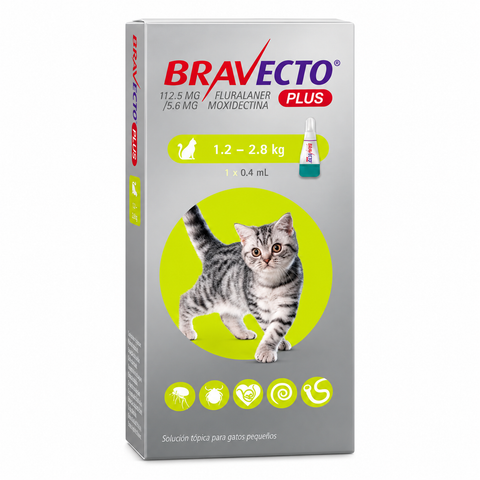 Caja de Bravecto Plus para gatos de 1.2 a 2.8 kg.