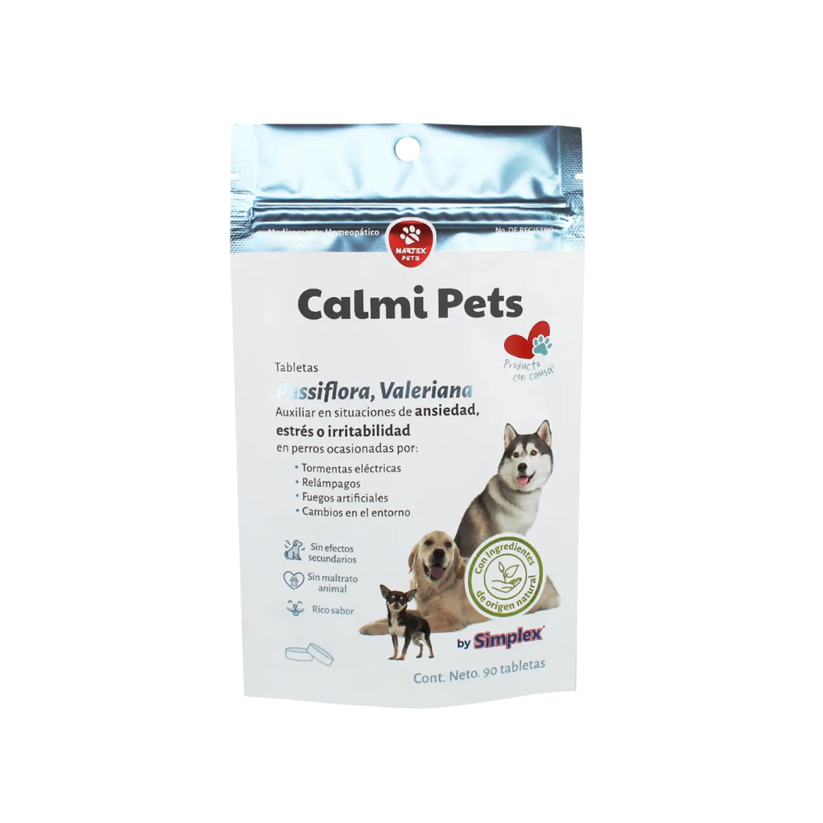 Nartex Calmi Pets 90 tabletas para perros de Nartex, empaque de la presentación ofrecida