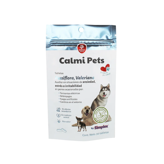 Nartex Calmi Pets 90 tabletas para perros de Nartex, empaque de la presentación ofrecida