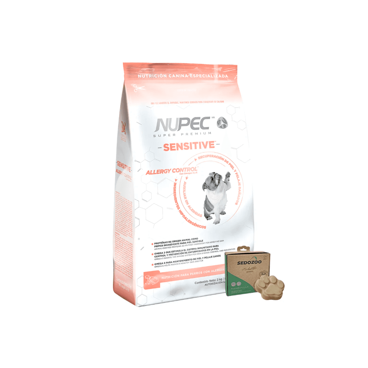 Bolsa de NUPEC Sensitive junto a una caja de jabón Sedozoo y un jabón con forma de huella.