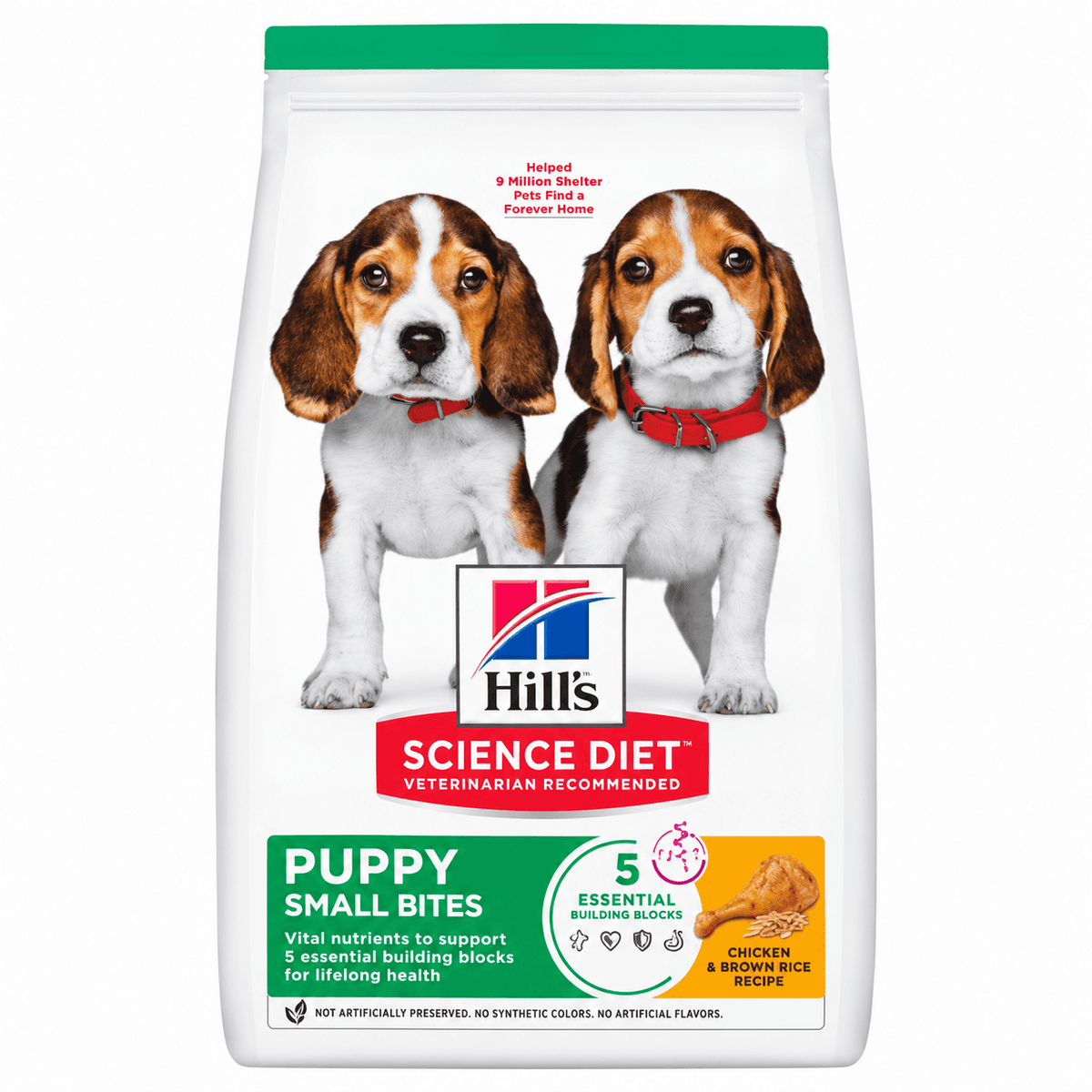 Bolsa de Hill's Science Diet Puppy Small Bites para cachorros, con etiqueta verde y dos cachorros beagle.