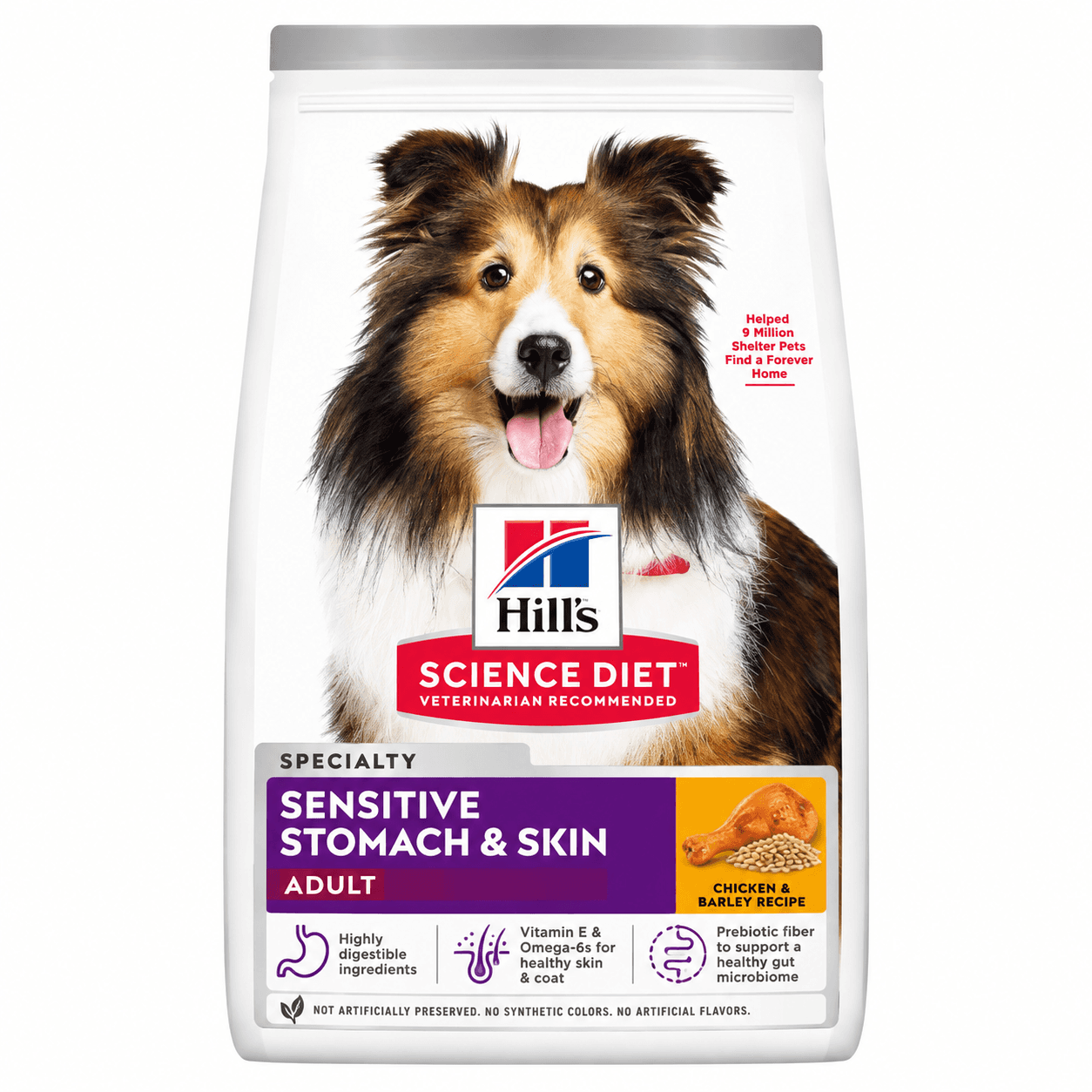 Bolsa de Hill's Science Diet Sensitive Stomach & Skin Adult para perros, con etiqueta morada y un perro de pelo largo.