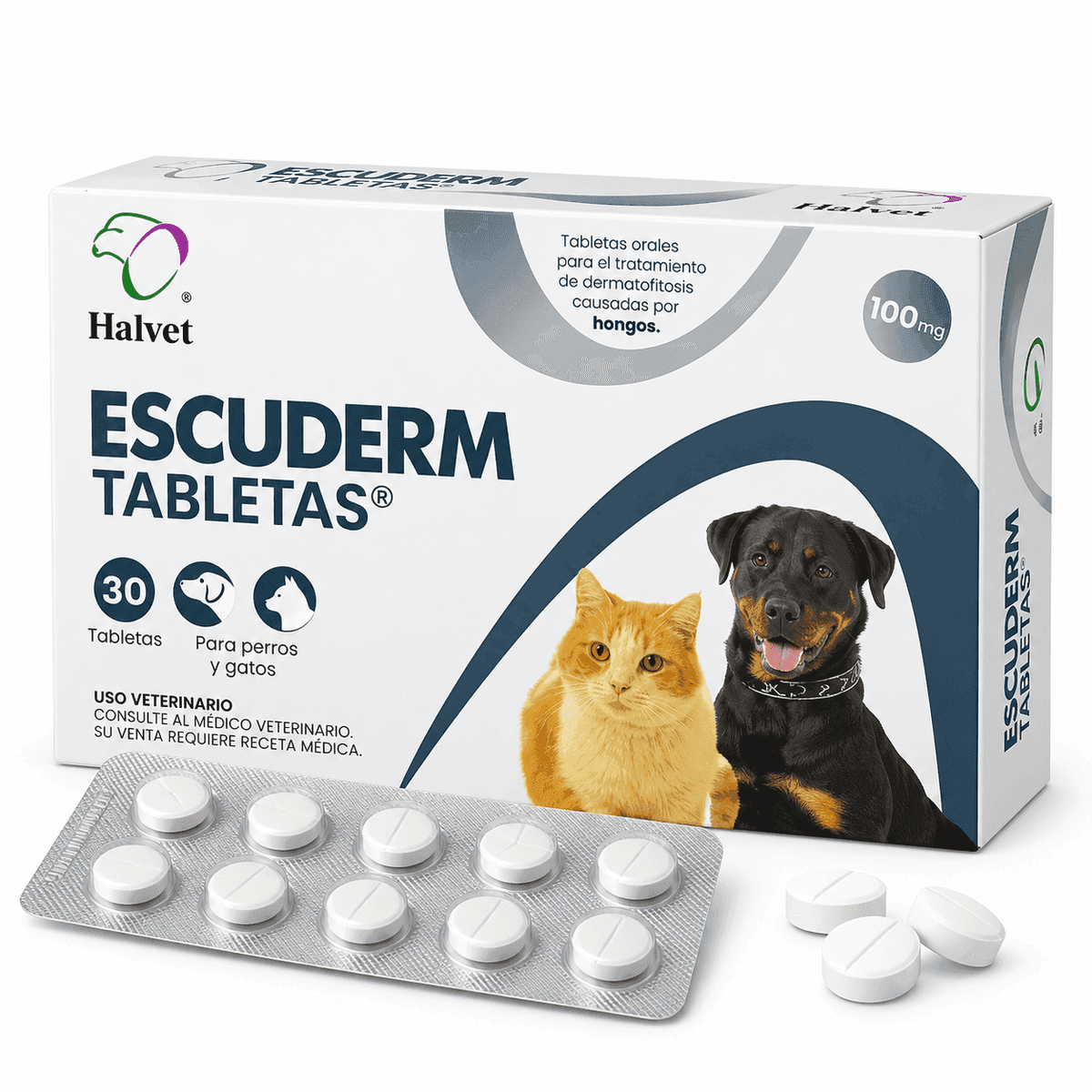 Caja de Halvet Escuderm 100 mg con 30 tabletas y blíster