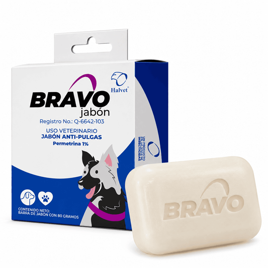 Caja y barra de Halvet Bravo Jabón de 80 g para perros