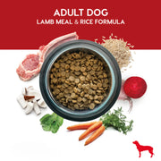 Croquetas en un tazón e ilustración de ingredientes de Diamond Naturals Adult Dog Lamb Meal & Rice