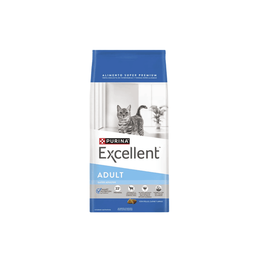 Bolsa blanca y azul de Purina Excellent Adult para gatos, con un gato gris en el frente.