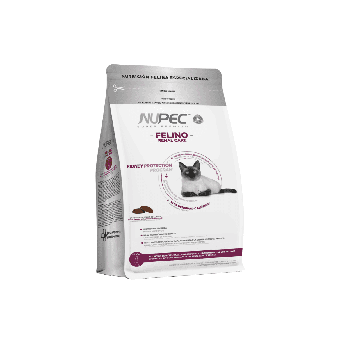 Bolsa plateada de NUPEC Felino Renal Care con detalles color vino y la imagen de un gato.