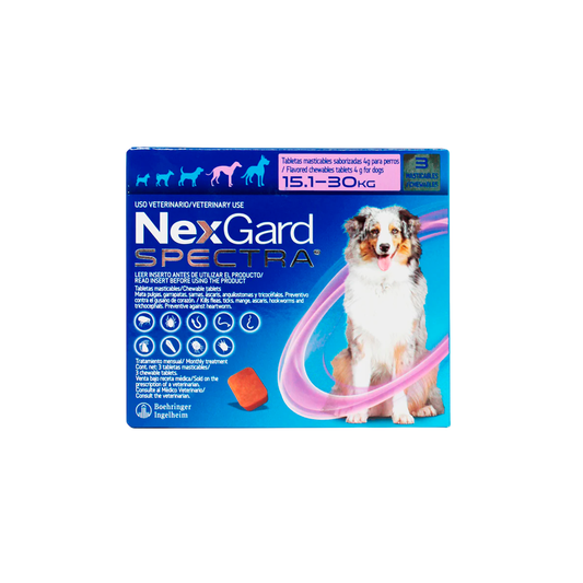 Caja de NexGard Spectra de tres tabletas, con franja morada para perros de 15.1 a 30 kg.
