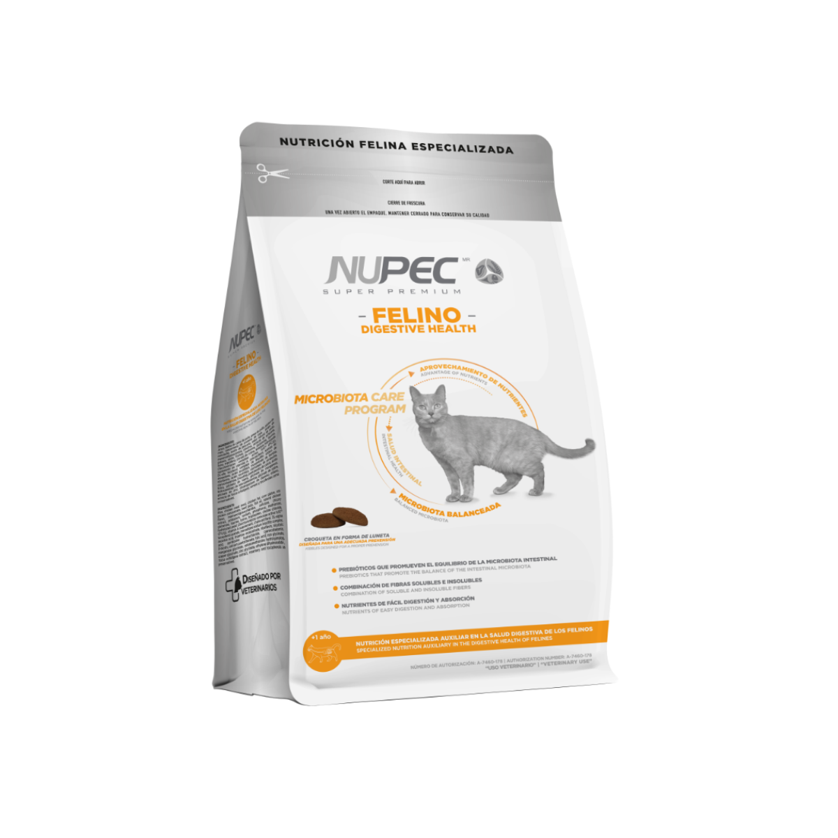 Bolsa plateada de NUPEC Felino Digestive Health con detalles naranjas y la imagen de un gato.