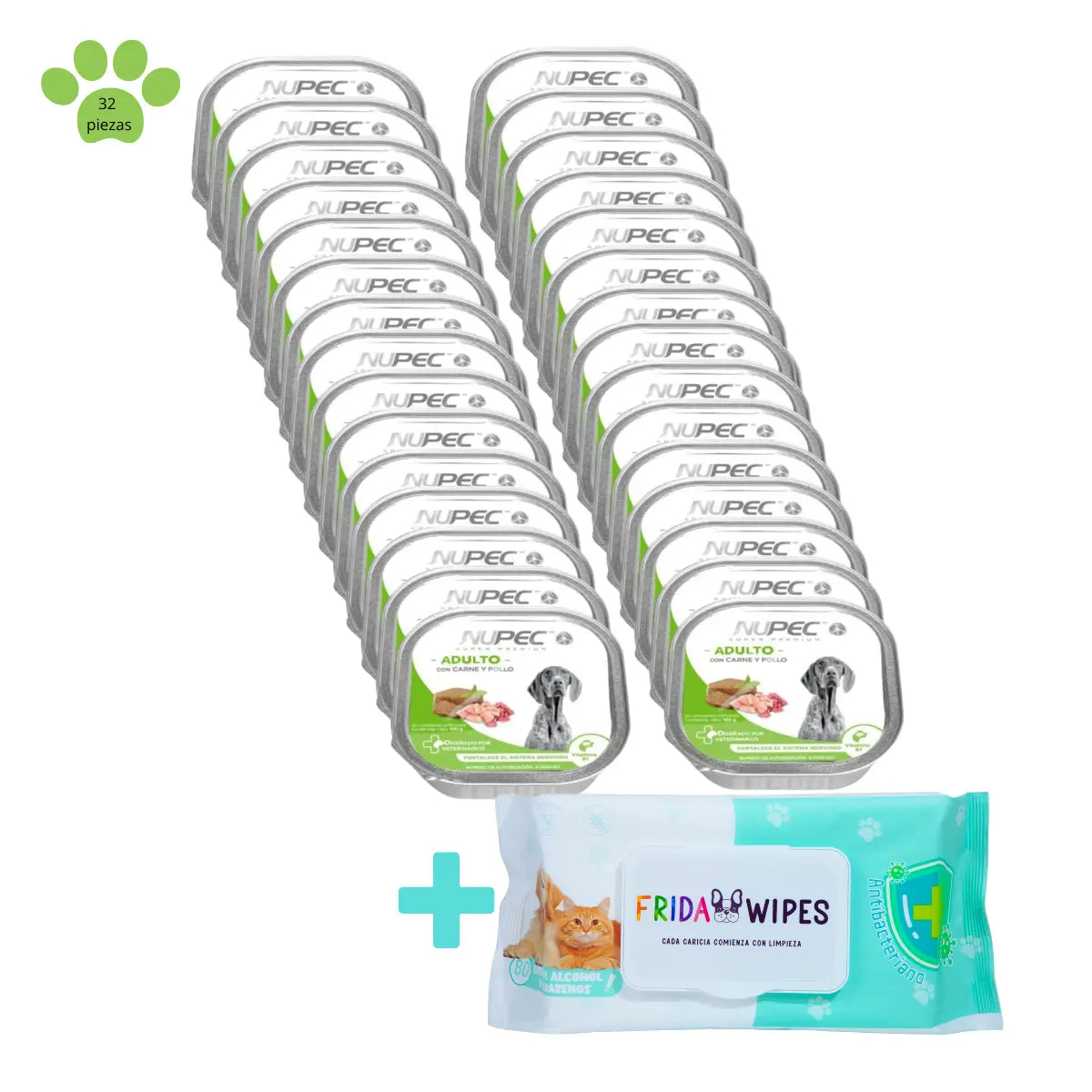 PAQUETE 32 PZ NUPEC ALIMENTO HUMEDO ADULTO +TOALLITAS HUMEDAS PARA MASCOTAS FRIDA WIPES Nupec