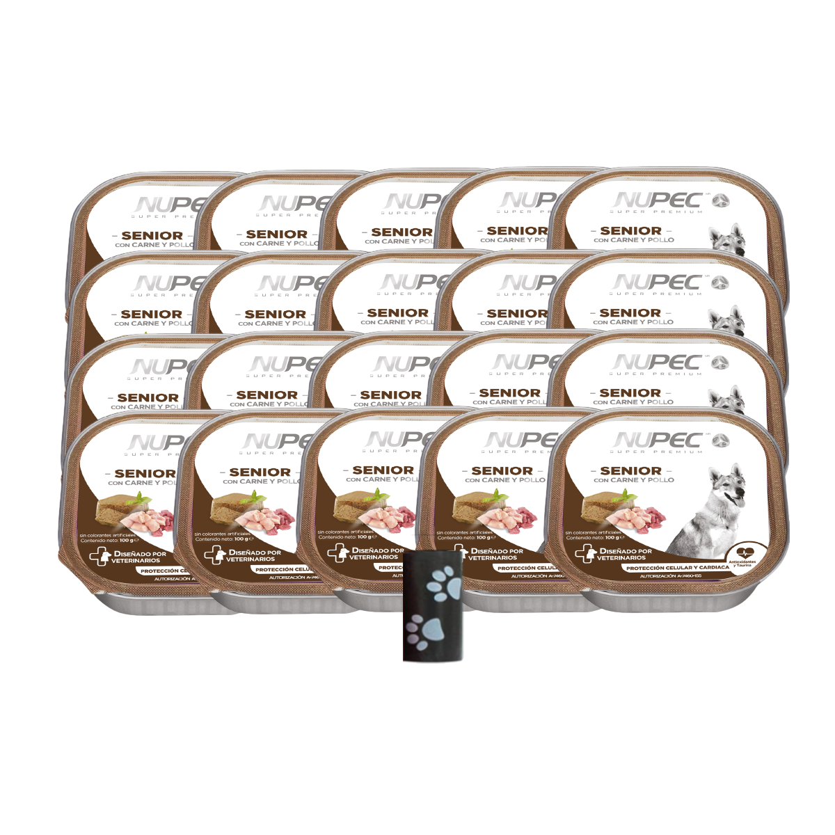 Charolas de alimento húmedo NUPEC Senior junto a un rollo negro con estampado de huellas.