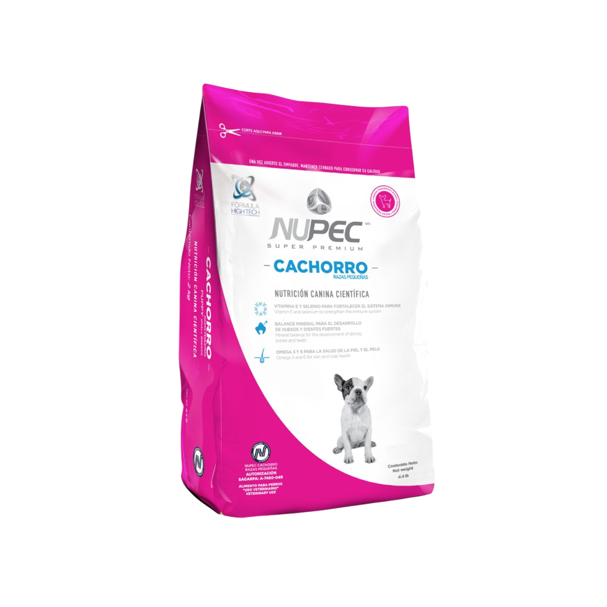 Bolsa blanca y fucsia de NUPEC Cachorro Razas Pequeñas.