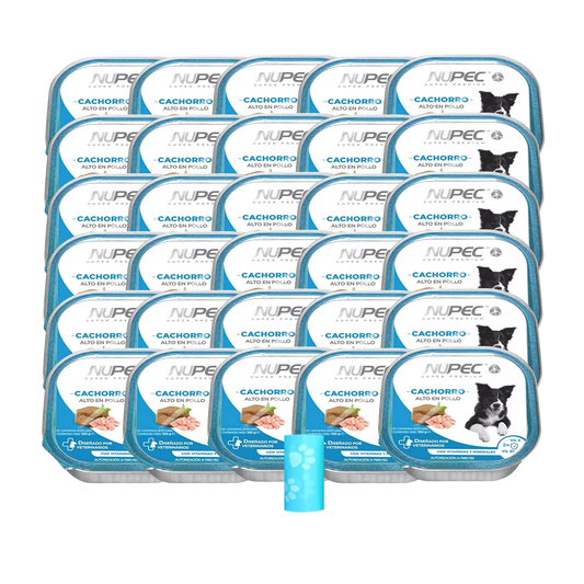 Conjunto de charolas NUPEC Cachorro en varias filas, junto a un rollo azul con huellas.
