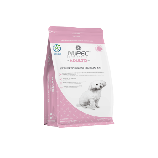 Bolsa rosa y blanca de NUPEC Adulto Razas Mini con la imagen de un perro blanco.