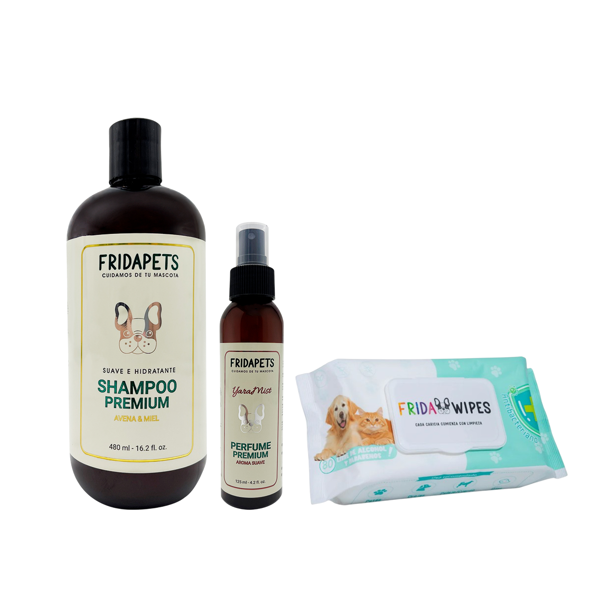 Kit Frida Pets con shampoo de 480 ml, perfume de 125 ml y paquete de 80 Frida Wipes