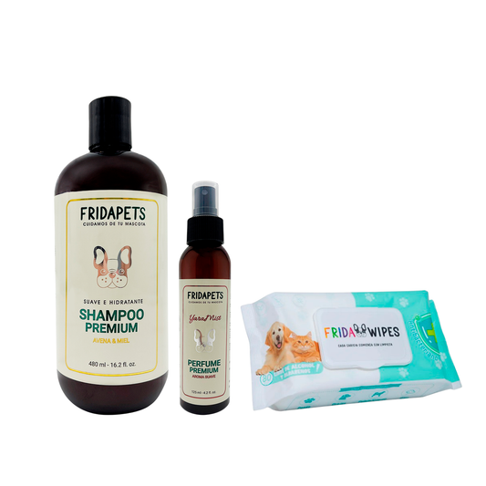 Kit Frida Pets con shampoo de 480 ml, perfume de 125 ml y paquete de 80 Frida Wipes