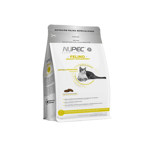 Bolsa plateada de NUPEC Felino Urinary Management con detalles amarillos y la imagen de un gato.