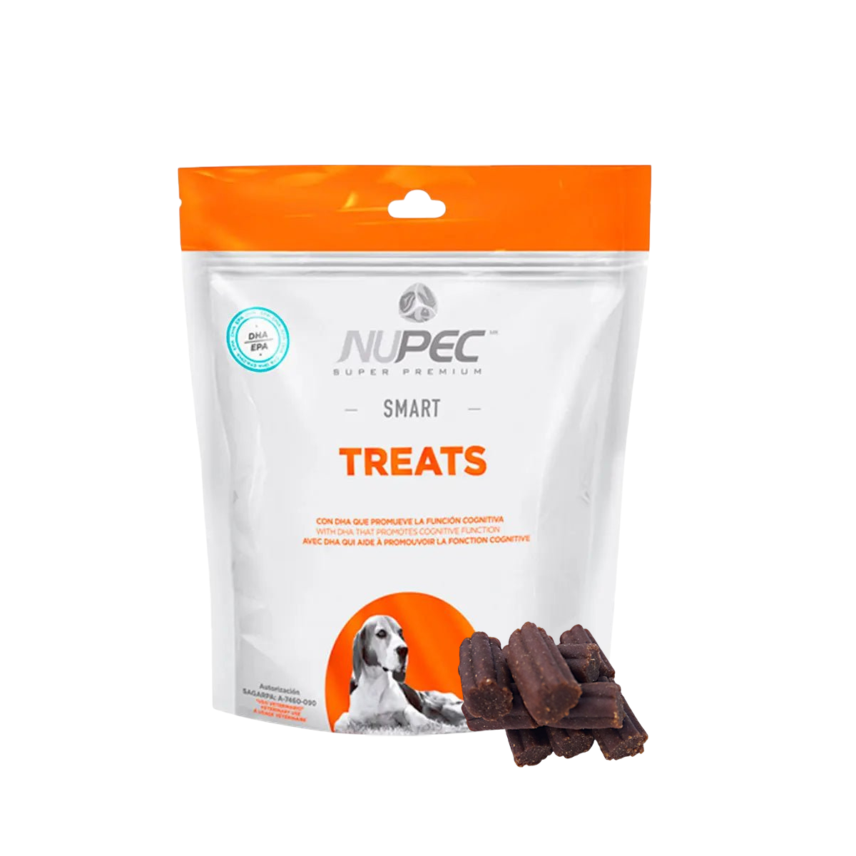 Bolsa blanca y naranja de NUPEC Treats Smart junto a premios oscuros.