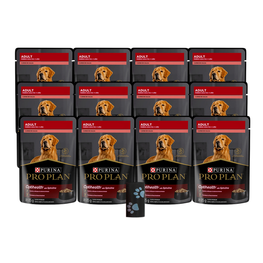 Doce sobres de Purina Pro Plan Adult para perros con un rollo negro decorado con huellas azules.