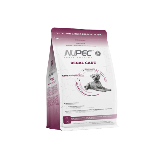Bolsa blanca y vino de NUPEC Renal Care con la imagen de un perro.