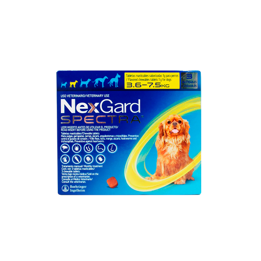Caja de NexGard Spectra de tres tabletas, con franja amarilla para perros de 3.6 a 7.5 kg.