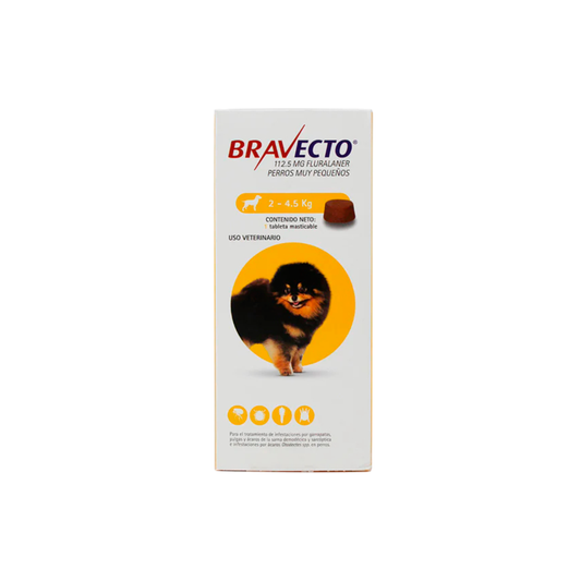 Caja blanca de Bravecto con distintivo amarillo y la imagen de un perro pequeño.